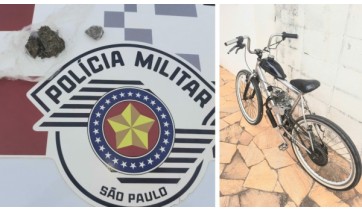 A droga relacionada à ocorrência de porte e a bicicleta motorizada apreendida (Divulgação/PM).