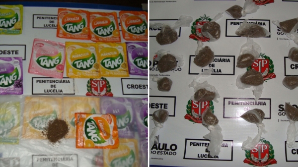 Encomenda com 17 embalagens de suco em p tinham droga no seu interior. Foram enviadas pela av do detento preso na penitenciria de Luclia (Divulgao/SAP).
