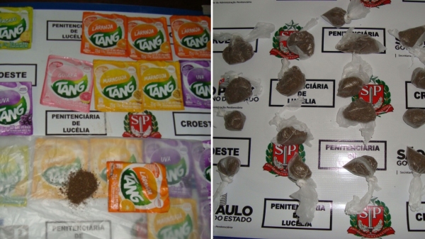Encomenda com 17 embalagens de suco em p� tinham droga no seu interior. Foram enviadas pela av� do detento preso na penitenci�ria de Luc�lia (Divulga��o/SAP).