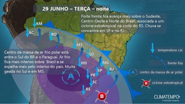 Posi��o aproximada da frente fria e de ar frio de origem polar a ela associado em 29/6/2021 (Ilustra��o: Climatempo).