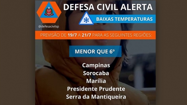 Alerta da Defesa Civil mostra as regi�es que podem ser mais atingidas com a massa de ar frio polar (Reprodu��o).