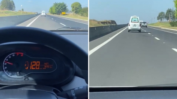 Ambulância à frente e logo atrás o registro feito pelo próprio motorista enquanto dirigia e usava celular para o registro das imagens (Reprodução).