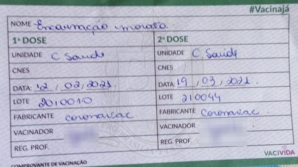 Comprovante da vacina��o com as duas doses do mesmo fabricante (Imagem: Alex Rosa de Assis/Cedida. Reprodu��o/G1).