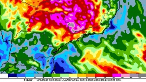 Cor vermelha no mapa, nas regi�es de Presidente Prudente e Mar�lia, indica possibilidade de chuva de 90 mm (Reprodu��o/Defesa Civil SP).