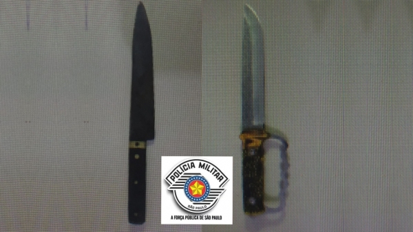 Objetos apreendidos pela Pol�cia Militar em Luc�lia, ap�s homem ser atingido com golpes de faca pelo pr�prio filho (Divulga��o/PM).