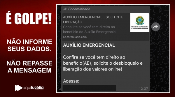 Mensagem enviada ao WhatsApp pode capturar dados das pessoas para utiliza��o criminosa. A orienta��o � n�o informar dados nem repassar a mensagem, caso receba (Arte: Aqui Luc�lia).
