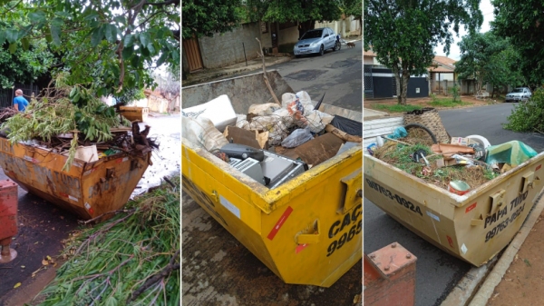 Caçambas foram dispostas em locais estratégicos, no bairro, para que moradores depositassem materiais inservíveis (Divulgação/PM Lucélia).