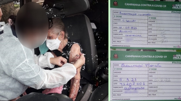 A idosa Encarna��o Morata, de 90 anos, moradora em Luc�lia, e os comprovantes das duas doses do imunizante aplicados nela (Imagens: Alex Rosa de Assis/Cedidas. Reprodu��o/G1).