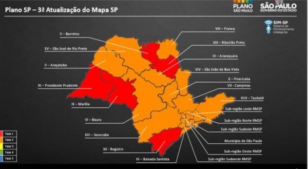 Nova defini��o do mapa paulista, que trata da flexibiliza��o das atividades do com�rcio e servi�os (Reprodu��o/Governo de SP).