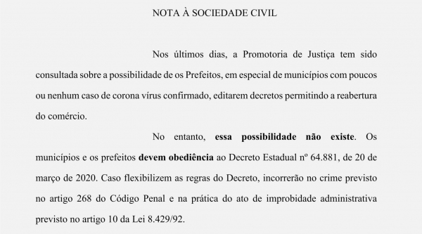 Nota adverte sobre medidas que podem ser tomadas caso haja decis�es contr�rias ao decreto estadual de quarentena (Reprodu��o).