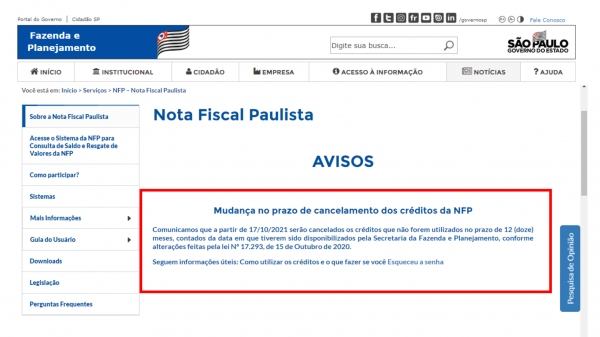 Site da Secretaria Estadual da Fazenda e Planejamento alerta sobre prazo para resgate dos cr�ditos da NFP (Reprodu��o).