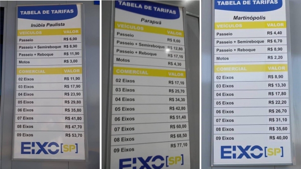 Imagens mostram previs�o dos valores de ped�gio nas tr�s pra�as que t�m opera��o autorizada pela Artesp (Reprodu��o).