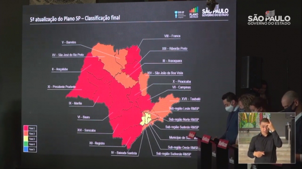 Nova configura��o do mapa regionalizado pelo Plano S�o Paulo, anunciada no come�o da tarde (Reprodu��o).